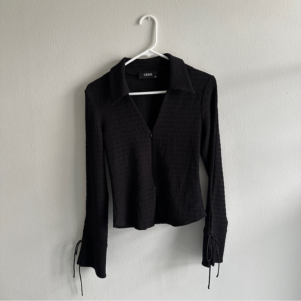 Black Lace Up Long Sleeve Zip Up Top